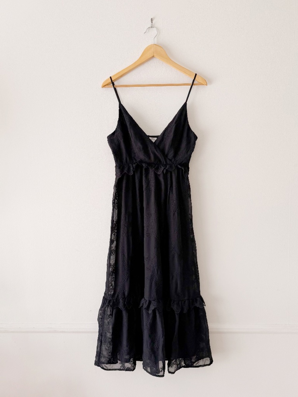black floral eyelet tiered ruffle midi dress